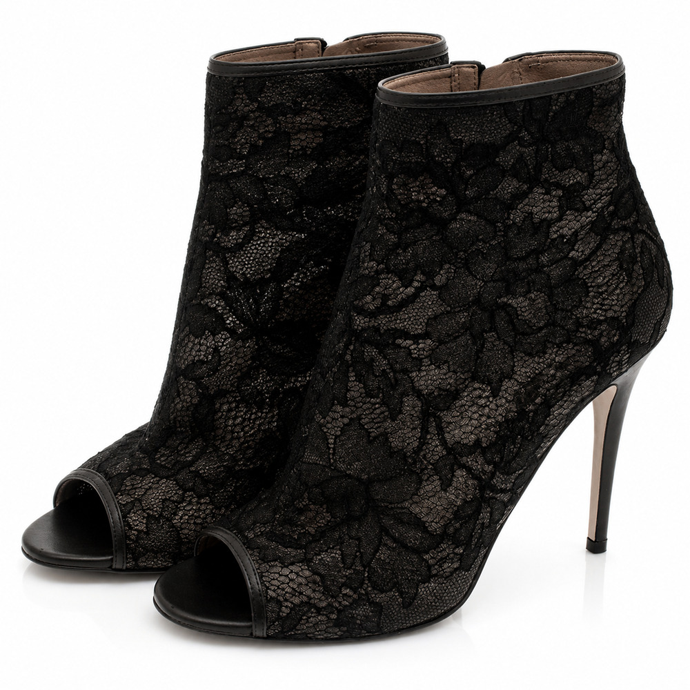 Valentino Garavani Black Floral Lace Peep Toe Stiletto Ankle Boots EU 40